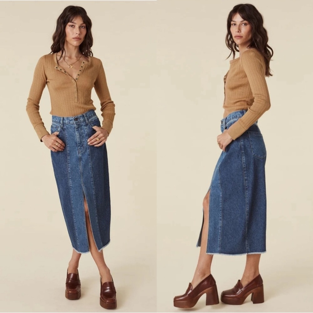 Spell Blue Daisy Patchwork Denim Midi Skirt S - Picture 2 of 9